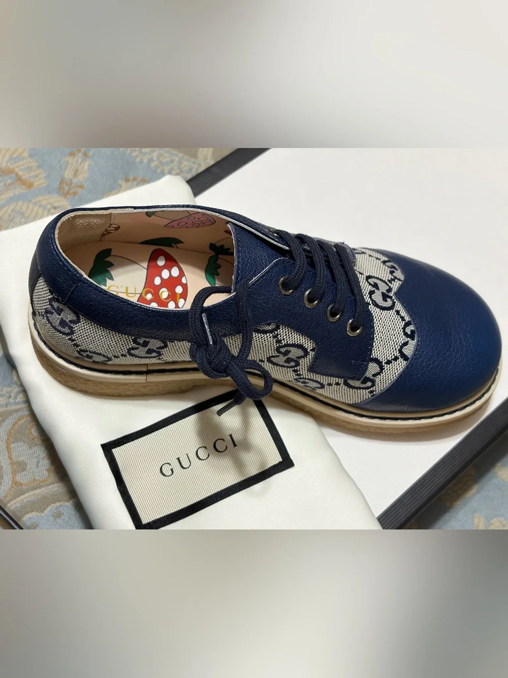 Kids Gucci Blue Leather and Monogram Canvas Dress Shoes